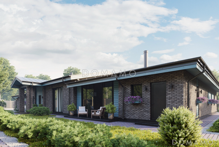 Проект одноэтажного кирпичного дома с комнатой отдыха, парной, двумя спальнями, совмещенной гостиной-кухней-столовой Проект одноэтажного кирпичного дома с комнатой отдыха, парной, двумя спальнями, совмещенной гостиной-кухней-столовой