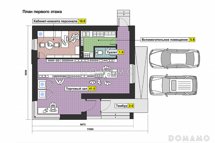 Проект магазина с торговым залом, кабинетом для персонала, вспомогательным помещением / План 1 этажа