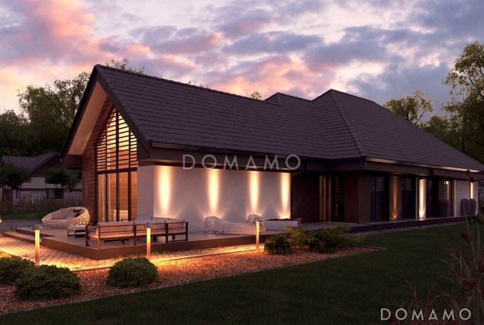 Проект современного дома с гаражом на 2 машины и кладовой, просторной гостиной, кухней с угловым окном и кладовой, террасой