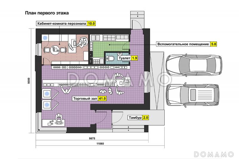 Проект магазина с торговым залом, кабинетом для персонала, вспомогательным помещением / План 1 этажа