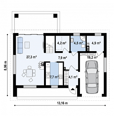 Проект одноэтажного мансардного дома из газобетона в современном стиле, со встроенным гаражом / План 1 этажа Проект одноэтажного мансардного дома из газобетона в современном стиле, со встроенным гаражом / План 1 этажа