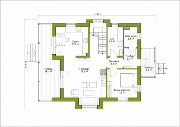 Проект коттеджа из газобетона с эркером и террасой. / План 1 этажа Проект коттеджа из газобетона с эркером и террасой. / План 1 этажа