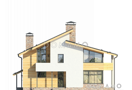 Проект дома со спальней на первом этаже, ванной с окном, вторым светом в гостиной, двумя балконами / Фасад 2