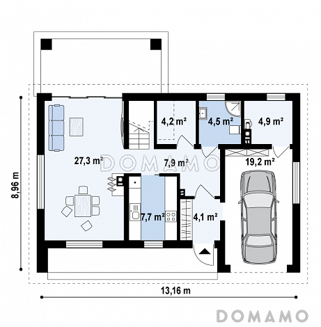 Проект одноэтажного мансардного дома из газобетона в современном стиле, со встроенным гаражом / План 1 этажа Проект одноэтажного мансардного дома из газобетона в современном стиле, со встроенным гаражом / План 1 этажа