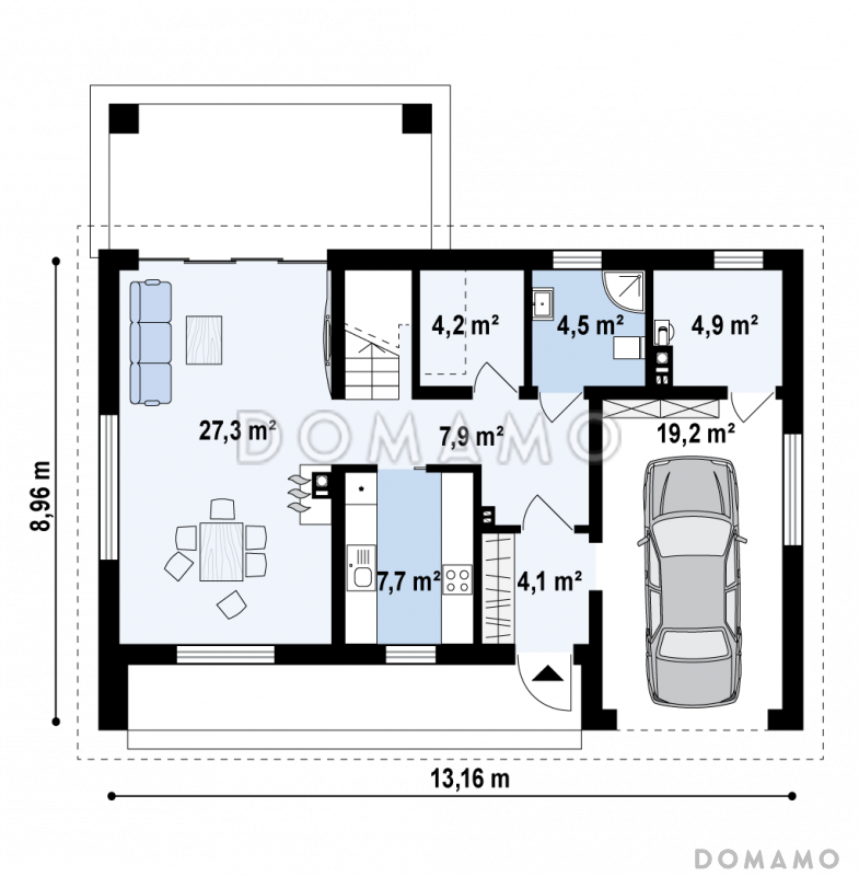 Проект одноэтажного мансардного дома из газобетона в современном стиле, со встроенным гаражом / План 1 этажа