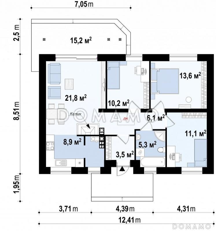 Проект компактного одноэтажного дома из газобетона с тремя спальнями и небольшой крытой террасой / План 1 этажа