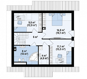 Проект компактного мансардного дома из газобетона с угловой террасой и окнами с французским балконом / План мансардного этажа Проект компактного мансардного дома из газобетона с угловой террасой и окнами с французским балконом / План мансардного этажа