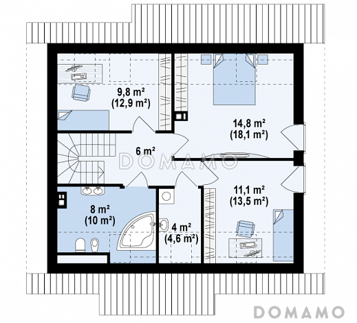Проект компактного мансардного дома из газобетона с угловой террасой и окнами с французским балконом / План мансардного этажа Проект компактного мансардного дома из газобетона с угловой террасой и окнами с французским балконом / План мансардного этажа