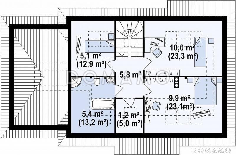 Проект одноэтажного мансардного дома из кирпича с кабинетом, угловым окном в гостиной и гаражом / План мансардного этажа