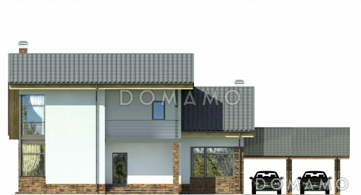 Проект дома с навесом на два автомобиля, гостиной с камином, крытой террасой / Фасад 1