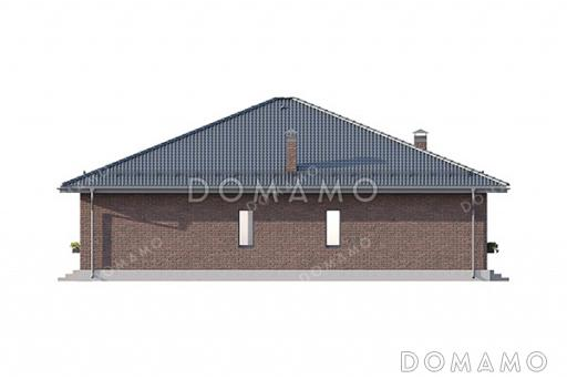 Проект большого одноэтажного дома с просторной зоной кухни-гостиной, крытой террасой, выделенной мастер-спальней и кабинетом / Фасад 3