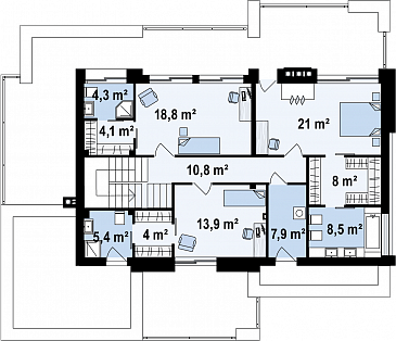 Проект современного просторного двухэтажного дома из кирпича с гаражом и просторными террасами на обоих уровнях / План 2 этажа