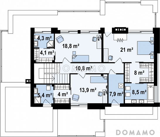 Проект современного просторного двухэтажного дома из кирпича с гаражом и просторными террасами на обоих уровнях / План 2 этажа