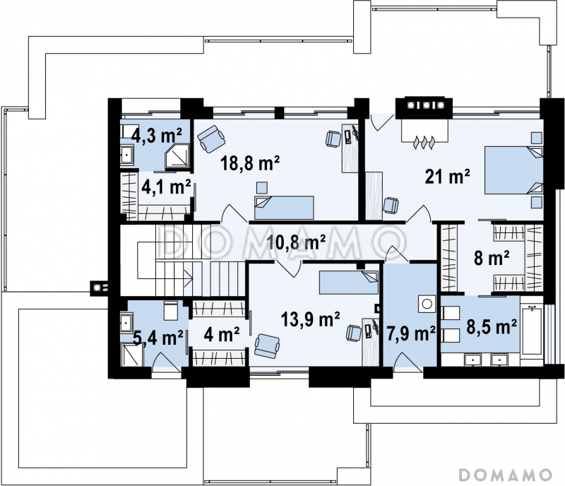 Проект современного просторного двухэтажного дома из кирпича с гаражом и просторными террасами на обоих уровнях / План 2 этажа
