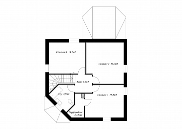 Проект необычного дома с крыльцом на углу / План мансардного этажа Проект необычного дома с крыльцом на углу / План мансардного этажа
