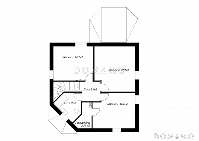 Проект необычного дома с крыльцом на углу / План мансардного этажа Проект необычного дома с крыльцом на углу / План мансардного этажа