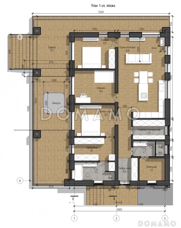 Проект дома с 2 спальнями, кабинетом и джакузи на террасе / План 1 этажа