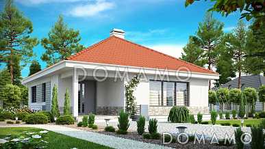 Проект компактного одноэтажного дома из газобетона с двумя спальнями и угловой террасой вдоль дома Проект компактного одноэтажного дома из газобетона с двумя спальнями и угловой террасой вдоль дома