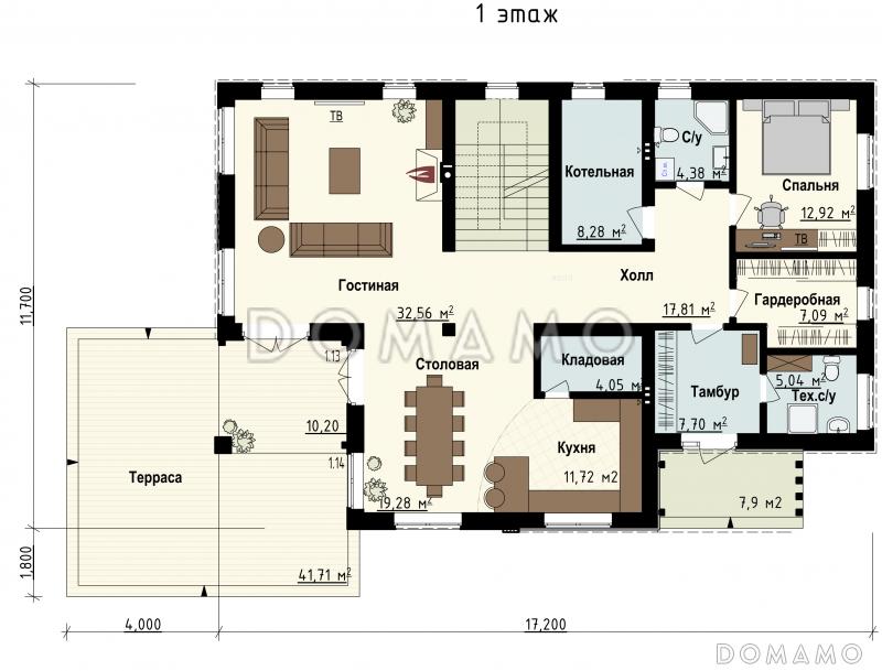Проект загородного дома с террасой, кладовой в кухне, балконом, детскими комнатами и кабинетом / План 1 этажа