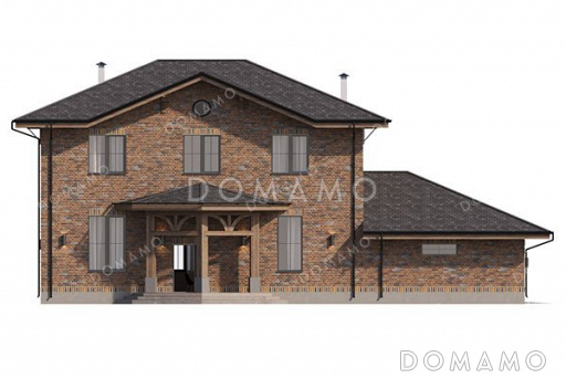 Проект двухэтажного дома с большой гостиной и гаражом на два автомобиля / Фасад 1