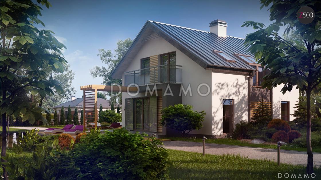 Проект одноэтажного мансардного дома из кирпича с эркером, тремя  балконами и вертикальным мансардным окном / 1