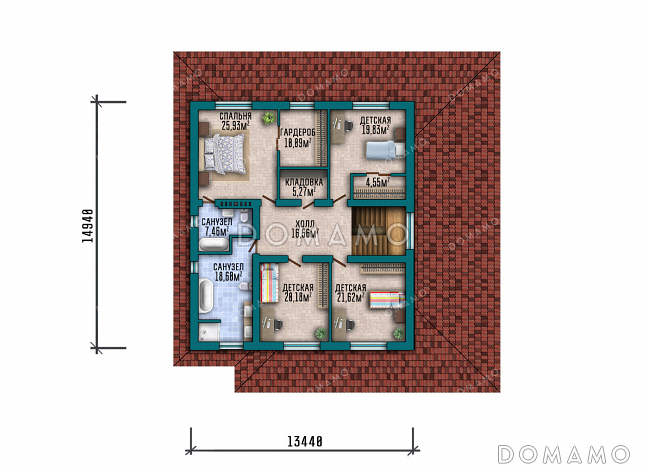Проект двухэтажного дома с гаражом, 5 спальнями и угловой крытой террасой  / План 2 этажа