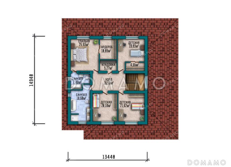 Проект двухэтажного дома с гаражом, 5 спальнями и угловой крытой террасой  / План 2 этажа