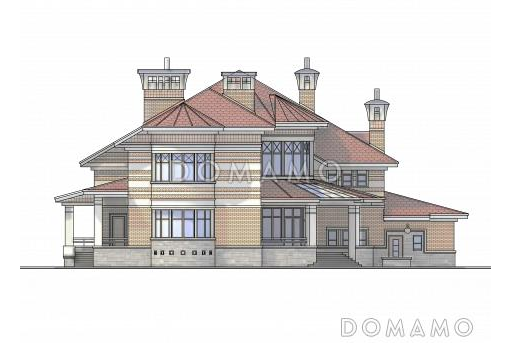 Проект коттеджа с двусветной гостиной, террасой и гаражом на 2 а/м / Фасад 3 Проект коттеджа с двусветной гостиной, террасой и гаражом на 2 а/м / Фасад 3