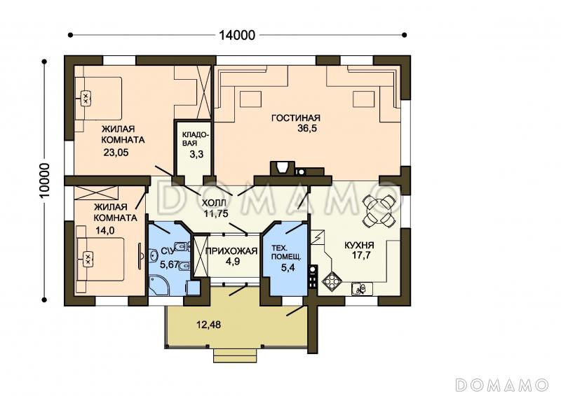 Проект одноэтажного дома с облицовкой кирпичом, двумя спальнями и кладовой / План 1 этажа