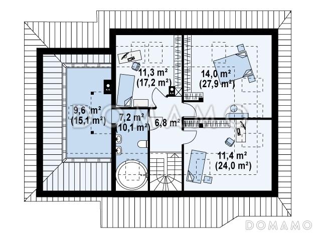 Проект просторного одноэтажного мансардного дома из газобетона с кабинетом, гаражом и комнатой над ним, улучшенная версия / План мансардного этажа