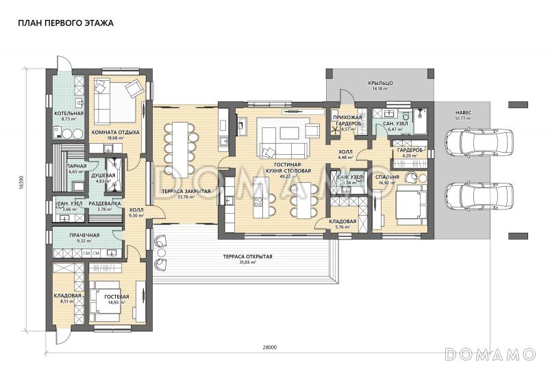 Проект одноэтажного каркасного дома с гостевой зоной, теплой верандой, мастер-спальней и навесом / План 1 этажа