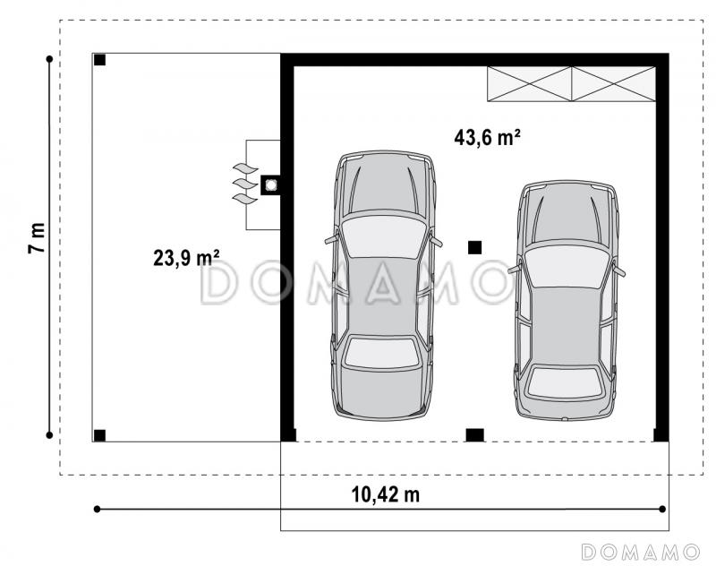 Проект гаража из кирпича для двух авто с отдельными воротами и барбекю на террасе  / План 1 этажа
