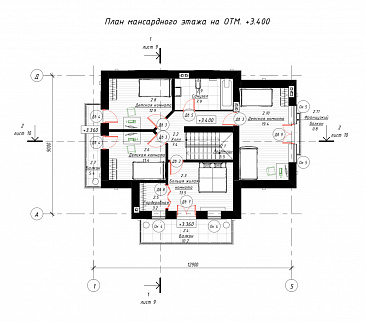 Проект дома с 4 спальнями, свободной планировкой кухни-гостиной-столовой и балконами на мансарде / План мансардного этажа Проект дома с 4 спальнями, свободной планировкой кухни-гостиной-столовой и балконами на мансарде / План мансардного этажа