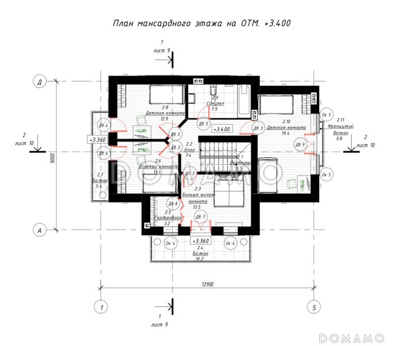 Проект дома с 4 спальнями, свободной планировкой кухни-гостиной-столовой и балконами на мансарде / План мансардного этажа