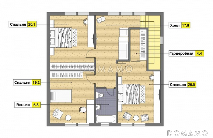 Проект дома из газобетона 10х10 с мансардой / План мансардного этажа Проект дома из газобетона 10х10 с мансардой / План мансардного этажа