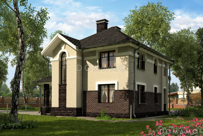 Проект дома с кухней-столовой, двумя спальнями, угловой ванной