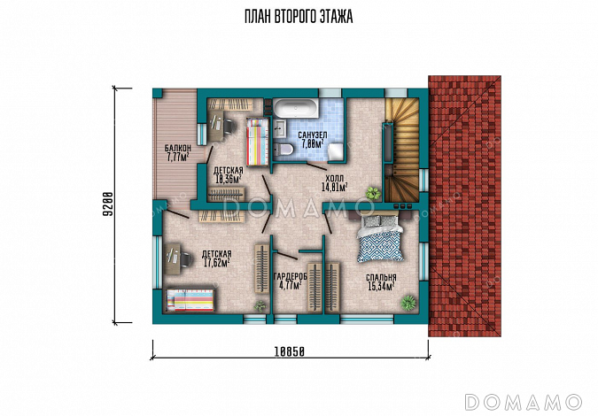 Проект двухэтажного дома с большой гостиной и террасой / План 2 этажа Проект двухэтажного дома с большой гостиной и террасой / План 2 этажа