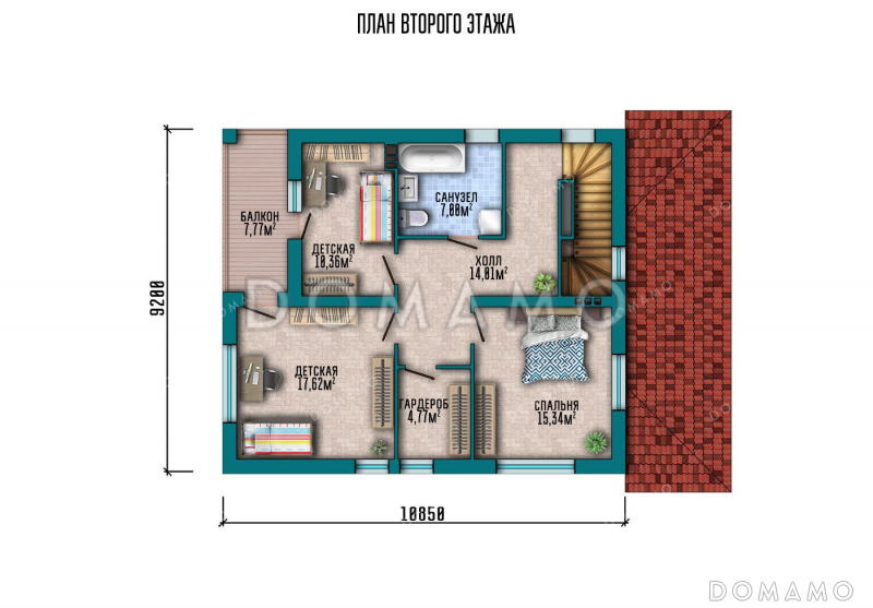 Проект двухэтажного дома с большой гостиной и террасой / План 2 этажа