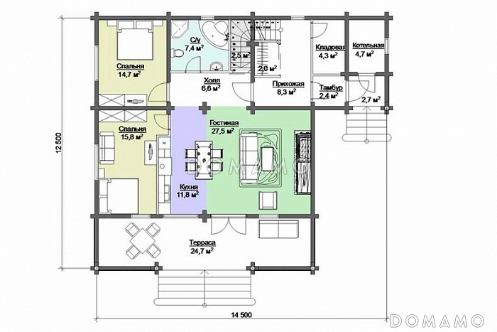 Проект дома из клееного бруса для комфортного проживания большой семьи / План 1 этажа