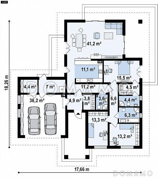 Проект просторного одноэтажного дома из кирпича с тремя спальнями, большой гостиной-столовой и гаражом на два автомобиля / План 1 этажа