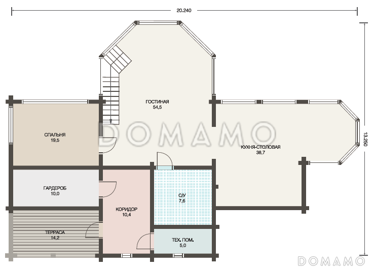 Проект стильного дома из клееного бруса с обширным остеклением и вторым светом / План 1 этажа