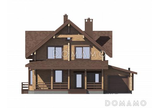 Проект двухэтажного деревянного дома с двумя террасами и гаражом на 1 автомобиль / Фасад 2
