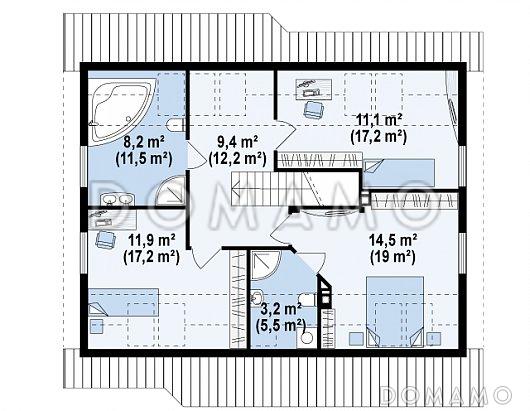 Проект одноэтажного мансардного дома из газобетона с кабинетом и тремя комнатами / План мансардного этажа