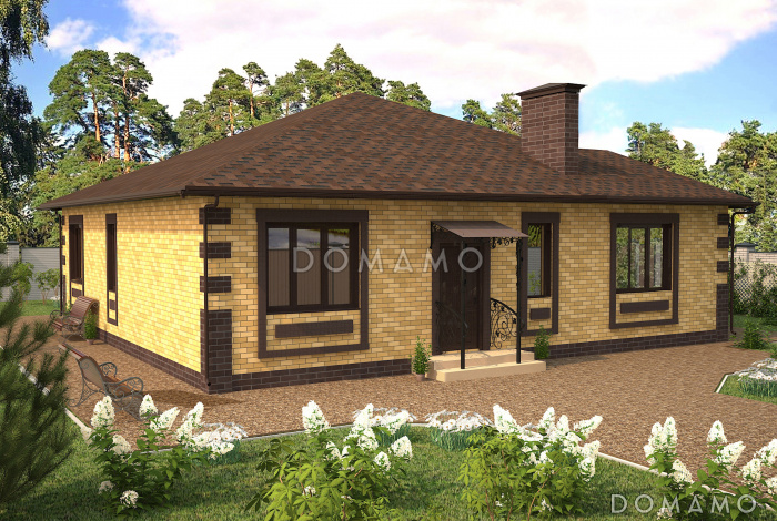 Проект одноэтажного дома с эркером в кухне, гардеробной комнатой, террасой 