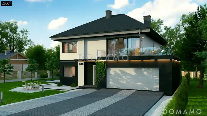 Проект двухэтажного дома с гаражом, мастер-спальней и гардеробными в спальнях Проект двухэтажного дома с гаражом, мастер-спальней и гардеробными в спальнях