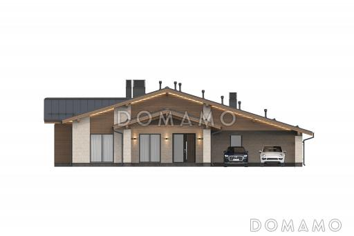 Проект одноэтажного дома с приватным блоком, спа-зоной, навесом для двух автомобилей и террасой с барбекю / Фасад 1