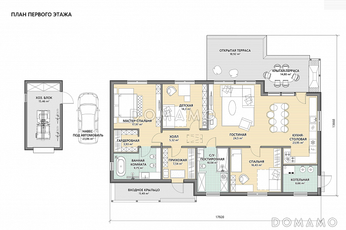 Проект кирпичного дома с 3 спальнями, крытой и открытой террасами, навесом для автомобиля / План 1 этажа