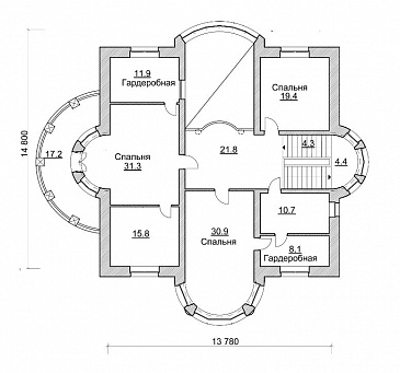 Проект коттеджа с просторной двусветной гостиной / План 2 этажа Проект коттеджа с просторной двусветной гостиной / План 2 этажа
