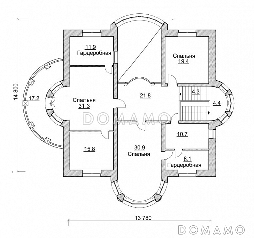 Проект коттеджа с просторной двусветной гостиной / План 2 этажа Проект коттеджа с просторной двусветной гостиной / План 2 этажа