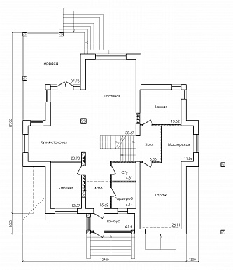 Проект особняка в трех уровнях, с комнатой отдыха на чердаке, с мастерской, гаражом и навесом под автомобиль / План 1 этажа Проект особняка в трех уровнях, с комнатой отдыха на чердаке, с мастерской, гаражом и навесом под автомобиль / План 1 этажа